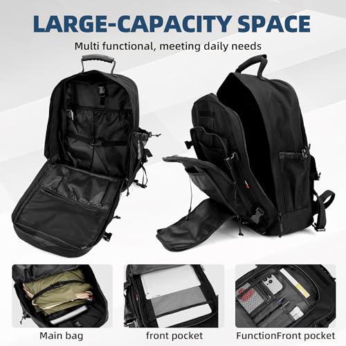 gracedon Men’s Military Style Backpack, 3-5 Day 1000D Water Resistant Tactical Pack with Zinc Alloy Zippers, Hidden Pocket & D-Ring Accessories for Outdoor Sports (Black1)