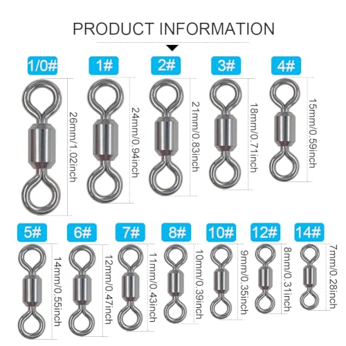 100 Pcs Fishing Swivels Saltwater, 100% 304 Stainless Steel Power Swivel Corrosion Resistance Barrel Swivels High Strength Freshwater Fishing Line Lure Leader Connectors - size: 10# 0.35" / 70LB