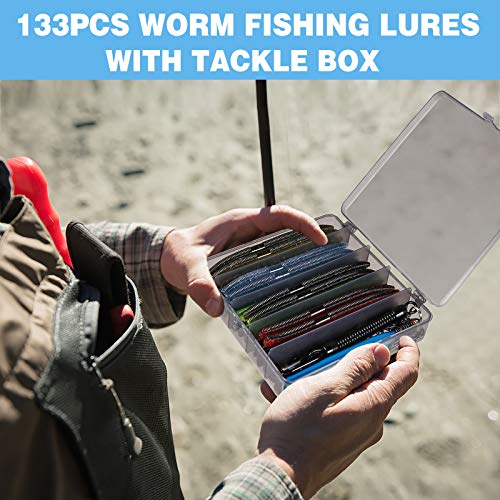 PLUSINNO Wacky Worm Fishing Lure Kit, Soft Plastic Fishing Lures, Grub Baits Hook Wacky Rig Bass Trout Fishing Worms Lures w/Tackle Box - color: 133PCS 5.5" Wacky Worm Fishing Lure Kit