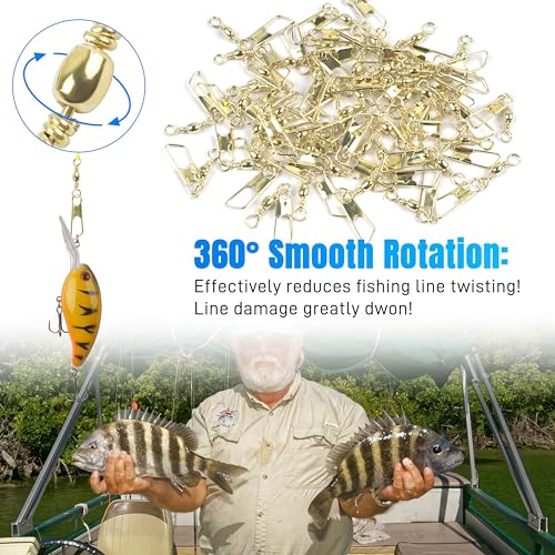 AGOOL Fishing Swivels Snaps, 60/120pcs Barrel Swivels with Nice Snaps Gold High Strength Solid Rings Line Lures Connector Fishing Tackle Accessories - size: #10_120pcs