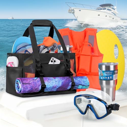 Yarwo Boat Gear Tote Bag, 35.5L Waterproof Boat Accessories Organizer with Marine-grade Coated Mesh and Wet Dry Pockets - color: Black