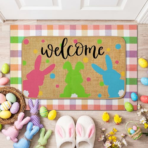 Tinideya 2 Pcs Easter Bunny Doormats Welcome Outdoor Spring Rabbit Door Mats Layered Front Door Rugs Non Slip Floor Mats for Porch Entryway Outdoor - size: 16 x 28 Inch,24 x 35 Inch, style: Bunny