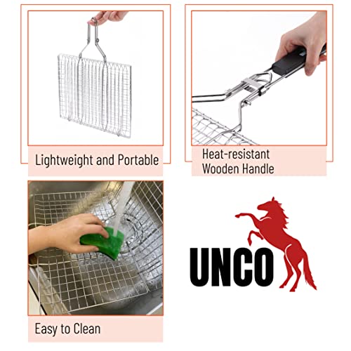 UNCO- BBQ Grill Basket, Folding Stainless Steel Portable BBQ Grill Basket | with Removable Wooden Handle & Basting Brush for Vegetables, Shrimp, Fish, Locking Grilling Basket for Outdoor, Camping - color: Silver