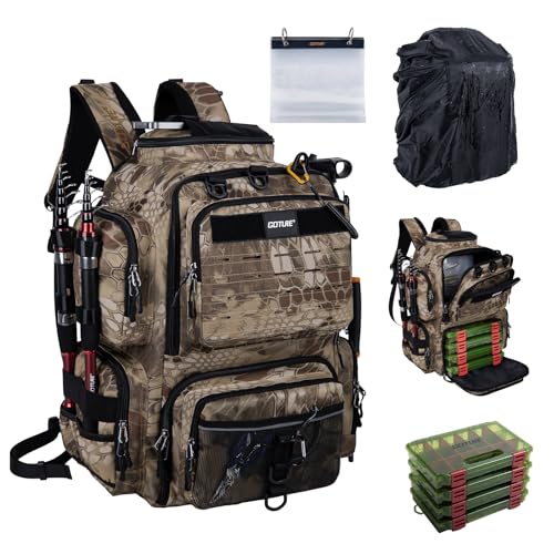 Goture Fishing Backpack with 4 Tackle Boxes,900D Water-Resistant Tackle Backpack with Rod Holders,SBS Zippers,45L Large Tackle Storage Gear Bag with Rain Cover,Bottle Holder for Travel Camping Hiking - color: A1:18# Camo, size: Include 4 Tackle Boxes