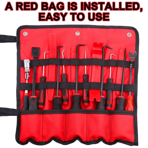 KEZE 15Pcs Carbon Steel Precision Pick & Hook and Trim Removal Tool Set with Scraper and Magnetic Telescoping Tool Kit for Remove Automotive Electronics Maintenance Hoses Gasket Hand Pick Up Tools - color: Red-15 Hook and Pick Set