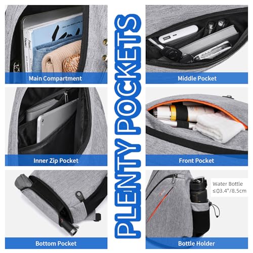 TUDEQU Large Sling Bag for Men,19L Crossbody Backpack with 8 Pocket,Gym,EDC | One Strap Backpack with Umbrella Pocket,Sling Backpack with Stability Strap, One Shoulder Backpack for Hiking,Gym,Travel - color: Gray Match Black