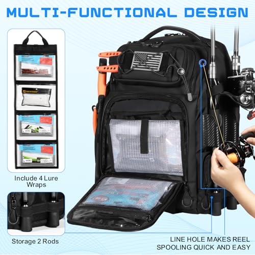 50L Fishing Tackle Backpack with Removable Lure Wraps,Include (4) 3600 Tackle Boxes, 2 Rod Holders Storage Fishing Gear and Equipment - color: C: 50L Backpack with (4) 3600 Tackle Boxes