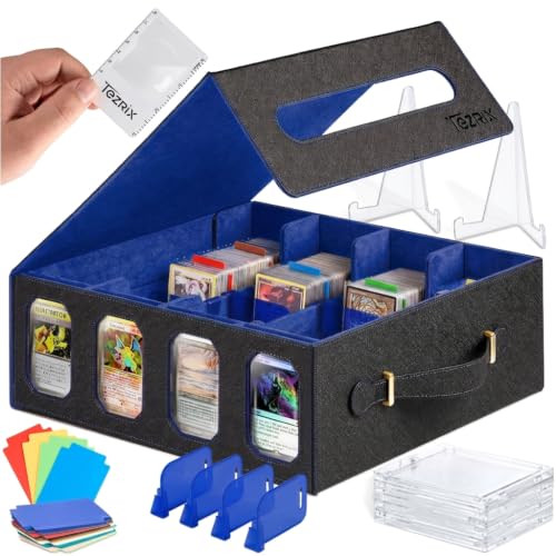 4-Row Mtg Trading Card Storage Box With Display Windows - Magnifier Ruler, 2 Display Stands, 6 Cardholders - 3000+ Card Case With Magnetic Closure, Sports TCG Card Organizer - Blue Card Boxes - color: Black, Blue (4 Row)