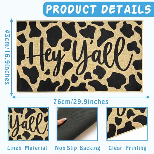 Hey Yall Welcome Door Mat Cow Print Funny Doormat Welcome Entrance Doormat Outdoor Indoor Farmhouse Front Door Mat Inside Outside Non Slip Carpet Rug Washable Doormat for Patio Porch Hallway - color: Cow Print B