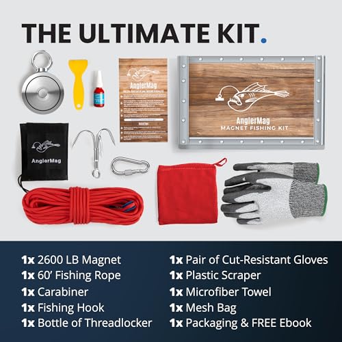 AnglerMag Magnet Fishing Kit - 2600 lbs Double Sided Neodymium Magnetic Fishing Stuff with Rope - 10 PCS Extra Strong Complete Gift Set with eBook, Carabiner, Gloves, Grappling Hook & Carrying Bag - size: 2600 LB