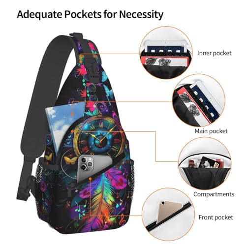 Clock With Dream Catcher Sling Backpack Chest Bag Crossbody Shoulder Bag Gym Cycling Travel Hiking Daypack For Men Women - color: Clock With Dream Catcher