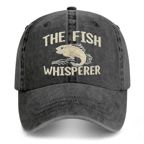 Fish Hats for Men Women,Funny Fishing Lover Gifts,Embroidered Washed Distressed Baseball Cap,Vintage Trucker Hat - color: Whisperer-black