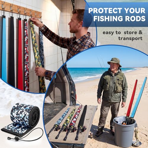 Outus Neoprene Fishing Rod Sleeves, 2.5MM Thick Tangle-Free Covers, Protective Sock for Spinning Casting Rods, Travel Storage - color: Solid Color, size: 65",58"