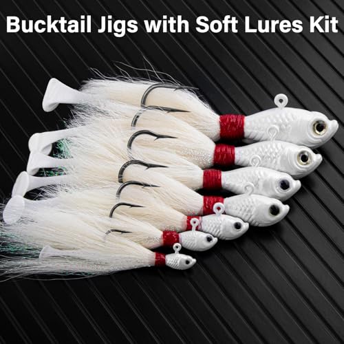 Dr.Fish 3 Pack Bucktail Jigs with Paddle Tail Swimbait Trailer, Saltwater Fishing Hair Jigs Buck Tail Lure White Surf Fishing Mackerel Flounder Bluefish Snapper - color: White, size: 2oz-Hook 7/0