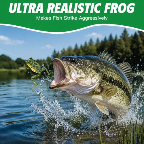 Topwater Frog Lures 5 Pack - Weedless Hollow Body Popping Frog for Bass Fishing, Lifelike Action with Double Hooks for Topwater Strikes