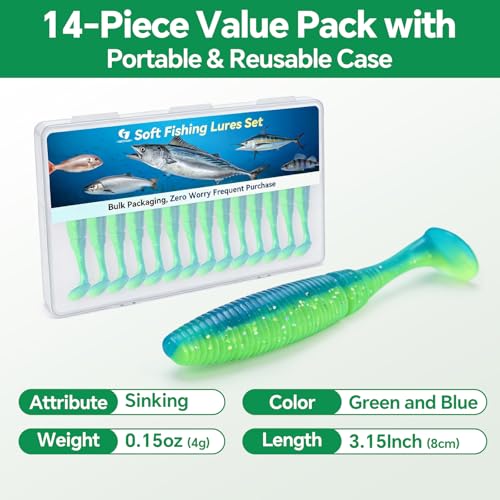 Clearance Bionics-Designed Durable Soft Plastic Fishing Lures Kit with Bonus Accessories, 3/4/5/6 Inch, 9-Type Lifelike Swimbaits in One Gear Set Included Tackle Box for Bass - color: Blue-green