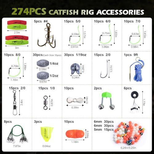 Goture Catfish Rig Making Kit,274pcs/300pcs Catfishing Tackle with Luminous Fishing Hook Swivel Sinker Weights Rattle Float Bobber Stoppers,Catfish Rigs Accessories with 3600 Tackle Box,Gifts for Men - color: A1:274pcs Catfishing Tackle