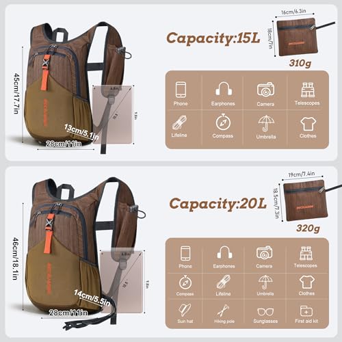 BECOJADDE 20L Small Hiking Backpack for Men Women Foldable Packable Back Pack Ultralight Hiking Daypack for Travel Camping Outdoor, Chocolate Brown - color: Chocolate Brown, size: 20L
