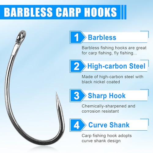 Barbless Fishing Hooks,Carp Curve Shank Crank and Wide Gape Circle Trout Fly Tying Hooks Small Size Circle Hooks for Hair Rig Fishing Tackle Size 2# 4# 6# 8# 10#