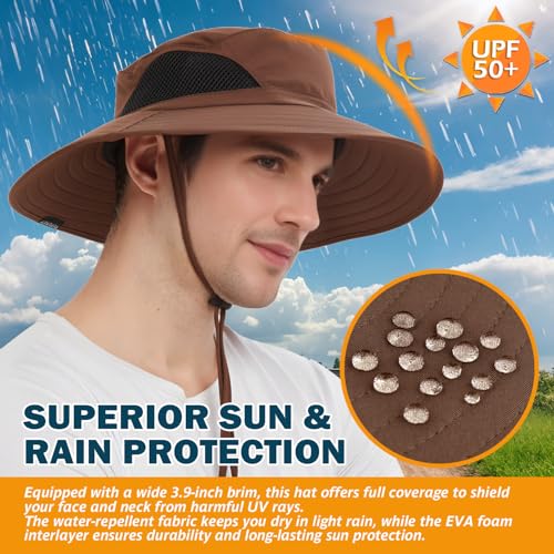 Wide Brim Sun Bucket Hat, Waterproof Boonie Hat for Men & Women | UPF 50+ UV Protection, Adjustable Fit, Chin Strap & Sweatband, Foldable Durable for Fishing Hiking Garden Beach - color: 01 Brown