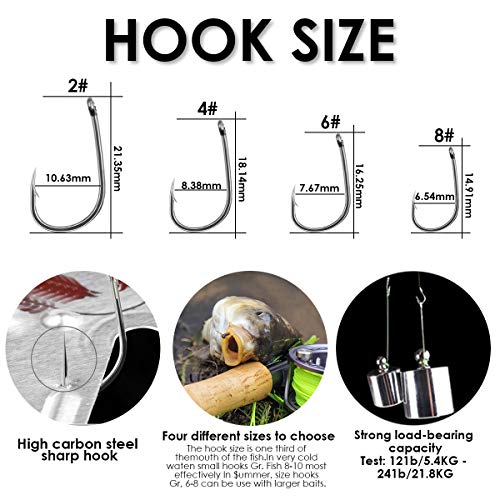 Carp Fishing Hair Rigs, 20 Pcs Curved Barbed Carp Hook Anti-Tangle Swivel Braided Thread line with 3 Card Boilie Bait Stops Dumbell Stoppers and Stringer Needle - color: Barbed, size: 4 Packs (Size 6#)