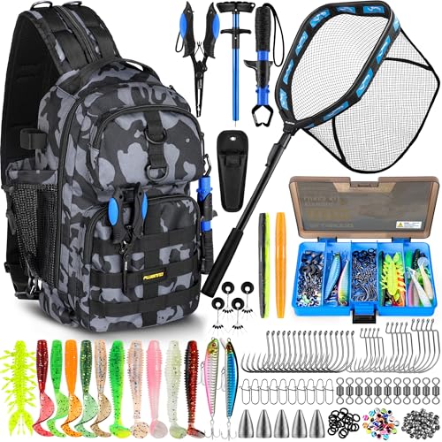 PLUSINNO Fishing Gear,Fsihing Backpack with Floating Fish Net,Tackle Boxes,Waterproof Fishing Tackle Bag,Fish Gifts for Men - color: Black Camo Backpack With Fishing Net