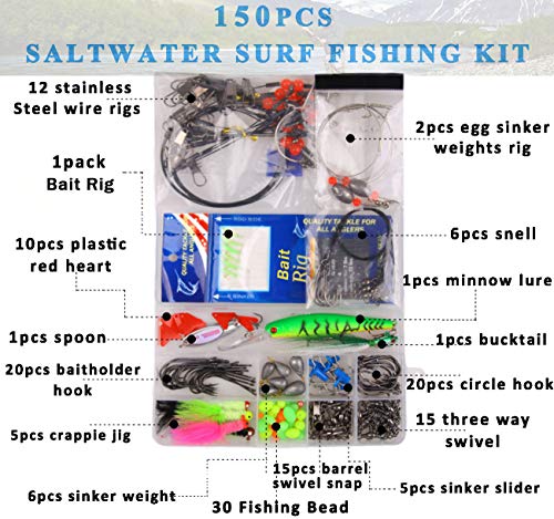 150pcs Saltwater Fishing Gear Surf Fishing Tackle Kit, Various Accessories Include Leaders, Bait Rigs, Spoons, Minnow Lures, Hooks, Swivels Snaps, Jigs, Sinker Weights