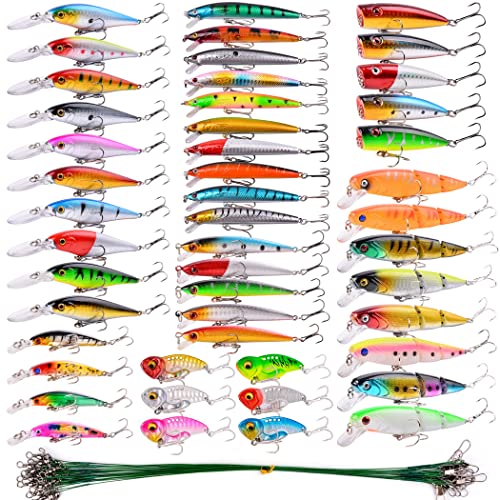 Aorace Fishing Lures Kit Mixed Including Minnow Popper Crank Baits with Hooks for Saltwater Freshwater Trout Bass Salmon Fishing - color: Item-G 68pcs