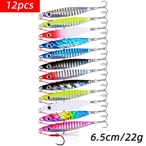 Aorace Jigging Lure Lead Fish Metal Jig Fishing Lure Paillette Knife Artificial Hard Bait Laser Body - color: 12pcs 22g 6.5cm