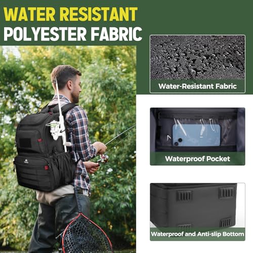 MATEIN Fishing Backpack Tackle Box, Water Resistant Tackle Backpack with Cooler & Rod Holders, Fishing Gifts for Men - color: Black