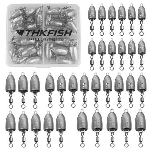 THKFISH Fishing Weights Sinkers, Bullet Fishing Sinkers with Swivel Rolling Slip Sinkers Sliding Weights for Bass Fishing Pitching and Flipping Texas Rigs Saltwater Freshwater Fishing, 3.5g-20g - size: mix-34pcs