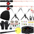 42 Pcs Ice Fishing Rod and Reel Combos Ice Fishing Rod and Holder with Carrier Bag, Pliers, Lip Grip, Reel, Lures, and Accessories Kit for Men Beginner Winter