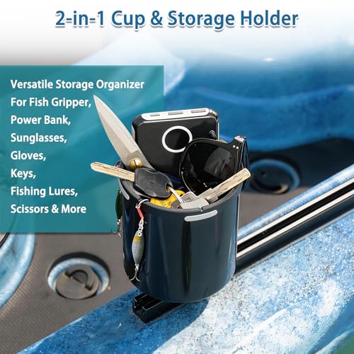 2Pcs Upgraded Kayak Cup Holder with Track & Clamp Mount, 360° Adjustable Cup Holder Fits 12oz-40oz Tumblers, 2-in-1 Cup & Storage Bin for Kayak Fishing, Tree Stand Hunting, Fits Round & Square Rods - color: Pack Of 2