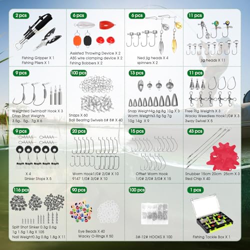 FONMANG 322-Piece Fishing Lures Kit - Buzz Bait/Spinner Baits/Jig/Frog, Fishing Tackle Box with Tackle Included, Soft Bait/Hooks/Weights, Fishing Gear Lure Kit Gift for Men Freshwater Bass Trout - color: E2-601pcs Fishing Kit