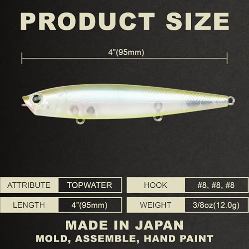 LUCKY CRAFT Gunfish 95 3 Hook Freshwater Fishing Lures and Bait for Bass Fish, Topwater Fish Line, Surface Bait with Treble Hooks, Fishing Gear for Tackle Box - color: 528 Golden Ghost Minnow