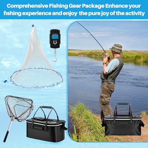 Threehoney Set of 4 Saltwater Fishing Cast Net, Foldable Fish Bucket, Folding Fishing Landing Net, and 110lb Digital Scale, 6 Gallon Live Fish Bait Bucket - color: Black, size: 6ft