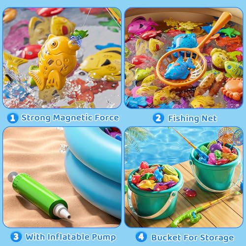 Magnetic Fishing Game Pool Toys for Kids 3 4 5 6 7 8, Water Table Bathtub Toys with Inflatable Pool, Bath Toys for Toddlers, Summer Outdoor Indoor Magnetic Fishing Toys Gifts for Boys Girls 3-5 4-8 - style: 51Fish+2Rod+2Net+2Bucket+Pool