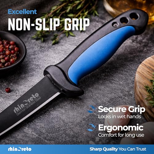 Rhinoreto Bait Knife - Razor Sharp G4116 German Stainless Steel Blade, 5 Inch Professional Filleting & Boning Knife with Non-Slip Handle, Protective Sheath & Sharpener - color: Blue, size: 5"