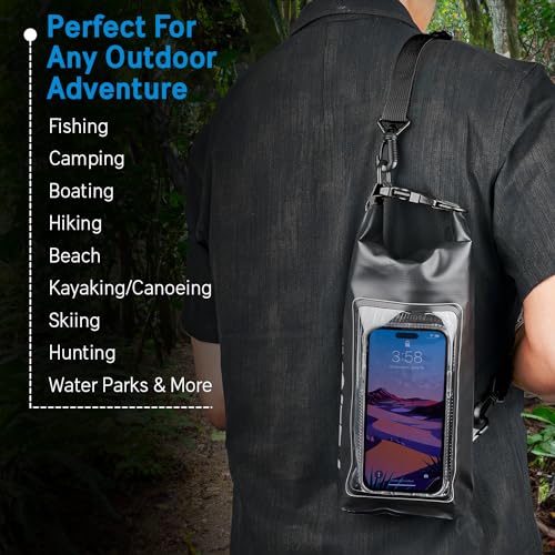 Pelican Marine IP68 Waterproof Dry Bag 2L with Phone Pouch/Case - Black | Roll Top Waterproof Backpack with Touchscreen Phone Pouch - Swimming, Kayaking, Camping, Rafting, Fishing & Travel Essentials - color: Stealth Black - 2L, size: 2L