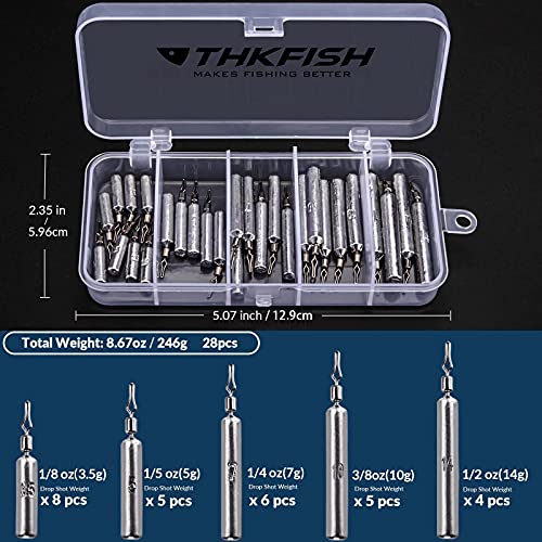 THKFISH Fishing Weights Sinkers Set, 28PCS Fishing Sinker Drop Shot Weights Kit,Drop Shot Rig Wacky Hooks for Saltwater Freshwater Bass Fishing - size: A-28pcs-Slender Shape