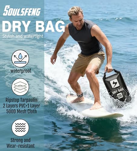 Soulsfeng Waterproof Dry Bag Backpack, Roll Top Floating Dry Storage Bag with Phone Case, Lightweight Dry Sack for Kayaking, Boating, Beach, Travel, Camping 10L, Black - color: Black, size: 10L