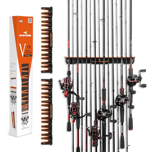 KastKing V15 Vertical Fishing Rod Holder – Wall Mounted Fishing Rod Rack, Store 15 Rods or Fishing Rod Combos in 17.25 Inches, Great Fishing Pole Holder and Rack - color: Black - 2 Pack（Store 30 rods）