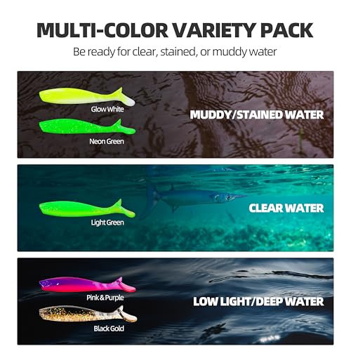 30pcs Soft Plastic Swimbaits with Paddle Tail, T-Tail Fishing Lures for Vertical Jigging and Casting, Freshwater Swimbaits for Bass, Trout, Walleye & Crappie - color: Segmented, 2.5''