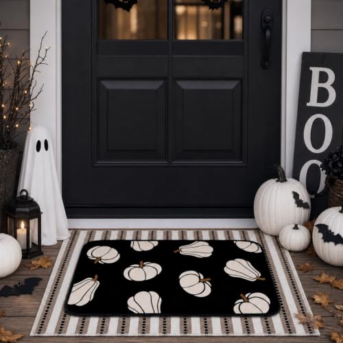 Tinideya 2 Pcs Halloween Doormats Spooky Ghost Welcome Outdoor Door Mats Layered Front Door Rugs Non Slip Floor Mats for Porch Entryway Outdoor - size: 16 x 28 Inch,24 x 35 Inch, style: Fall Pumpkin