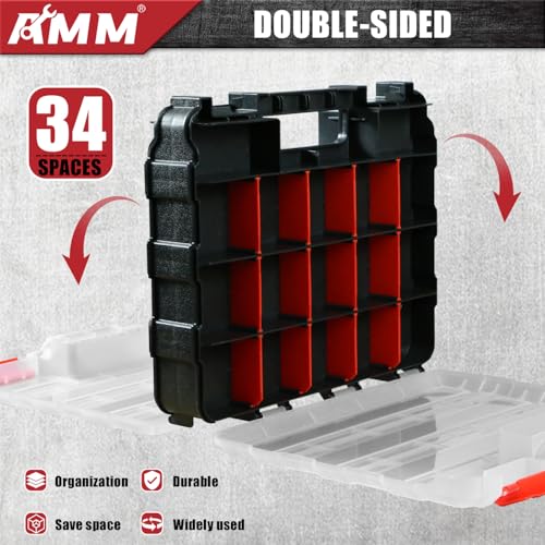 AMM Tool Box, Double Side Tool Box Organizer with 34 Compartments, Removable Dividers, Tackle Box Small Parts Screw Hardware Organizer for Screws, Nuts, Nails and Bolts (2 Piece, Red) (Pack of 2) - size: 2PC (Pack of 2)