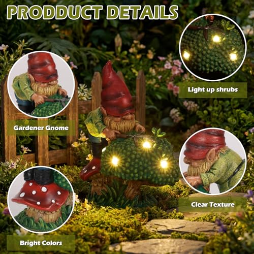 EXYGLO Solar Gnome Garden Statue Decor, 7.4" Gnome Gardener Outdoor Funny Decoration for Lawn, Patio, Yard, and Unique Housewarming, Birthday Ornament Gift for Mother, Friend, Family - style: Gardener Gnome