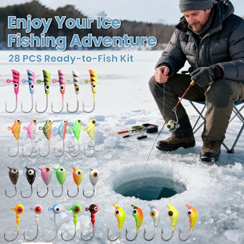 Glow Ice Fishing Jigs | Winter Ice Fishing Lures Set | Micro Jig Head for Pike, Panfish, Crappie, Perch, Walleye, Trout, Bluegill - with Storage Box - color: 28pcs