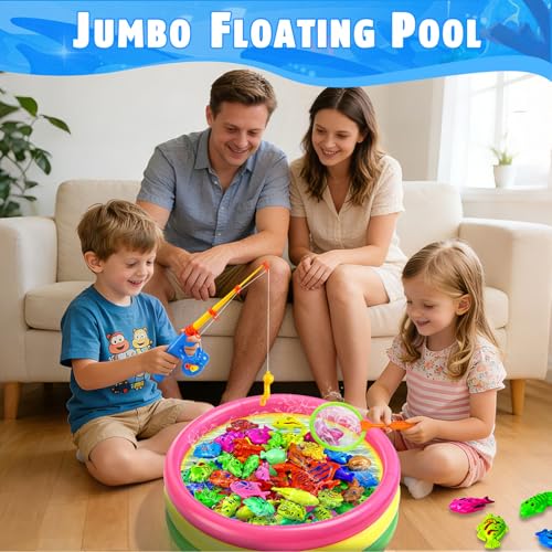 CozyBomB™ Magnetic Fishing Toys Game Set for Kids | Water Table Bathtub Kiddie Pool Party Pole Rod Net, Outdoor Plastic Floating Fish, Toddler Bath Color Ocean Sea Animals Birthday Gift Age 3-5 6 4-8 - size: 46 Fishes, style: 3 Players