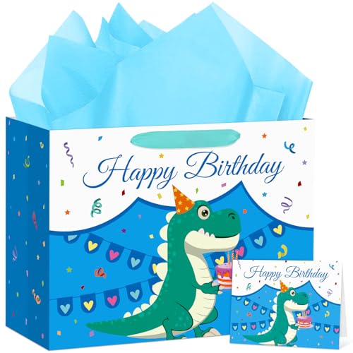 Hooqict Large Dinosaur Gift Bag with Handles, Tissue Paper and Greeting Card Blue Dinosaur Happy Birthday Party Bag for Boys Kids Goodie Treat Candy Party Favors - color: Dinosaur