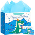 Hooqict Large Dinosaur Gift Bag with Handles, Tissue Paper and Greeting Card Blue Dinosaur Happy Birthday Party Bag for Boys Kids Goodie Treat Candy Party Favors - color: Dinosaur
